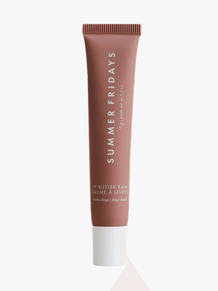 Summer Fridays Butter Balm in Vanilla Beige in branded tube component on a light gray background