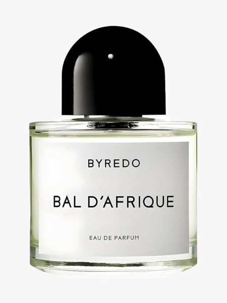 Byredo Bal d’Afrique Eau de Parfum bottle of perfume with black bauble cap on light gray background